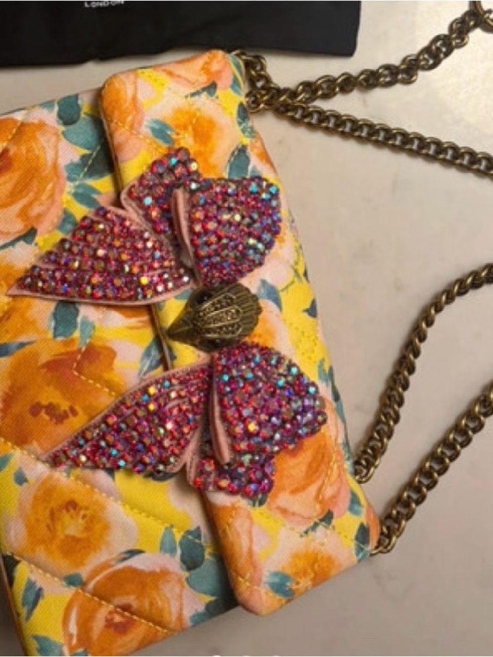 Kurt Geiger Floral Yellow Quilted Shoulder Bag with Pink Crystal Bow